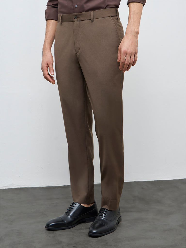 WES Formals Dark Brown Mid-Rise Slim-Fit Trousers