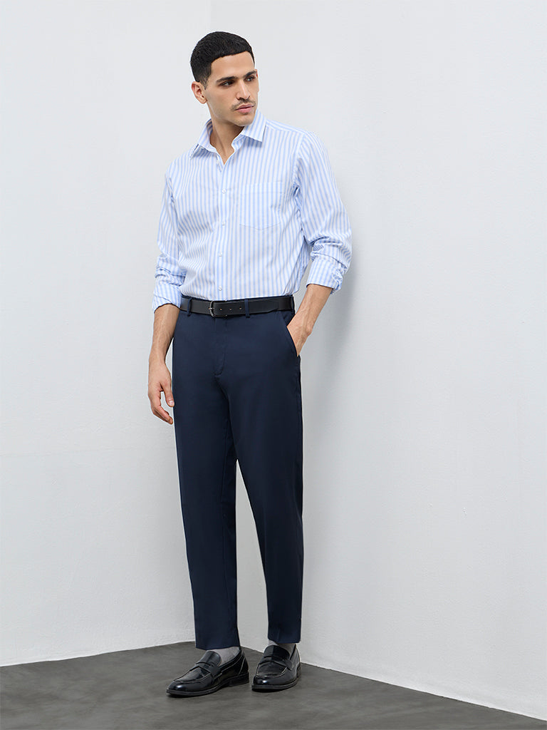 WES Formals Navy Solid Mid-Rise Slim-Fit Trousers