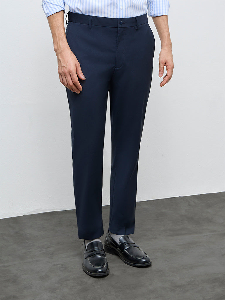 WES Formals Navy Solid Mid-Rise Slim-Fit Trousers