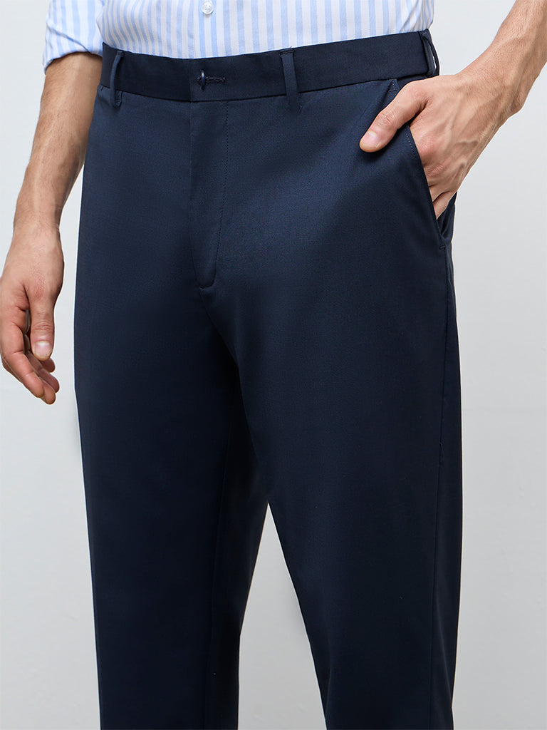 WES Formals Navy Solid Mid-Rise Slim-Fit Trousers