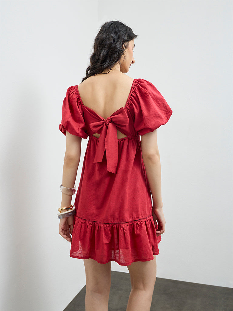 Bombay Paisley Red Paisley Embroidered Cotton A-Line Dress