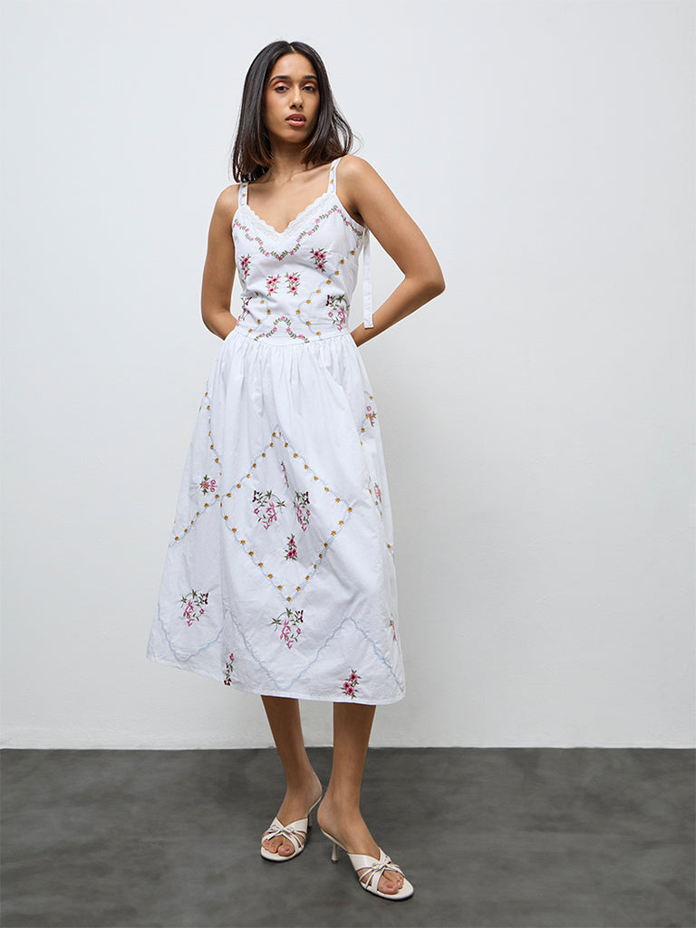 LOV White Floral Embroidered Cotton A-Line Dress