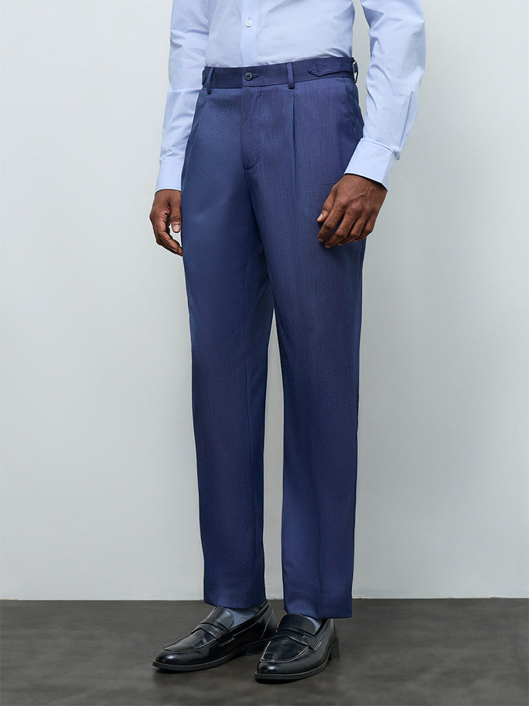 WES Formals Navy Relaxed-Fit Mid-Rise Trousers
