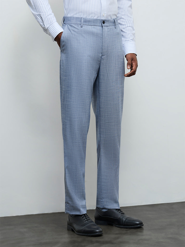 WES Formals Blue Relaxed-Fit Mid-Rise Trousers