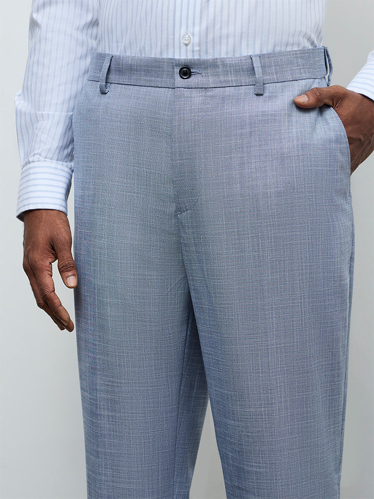WES Formals Blue Relaxed-Fit Mid-Rise Trousers