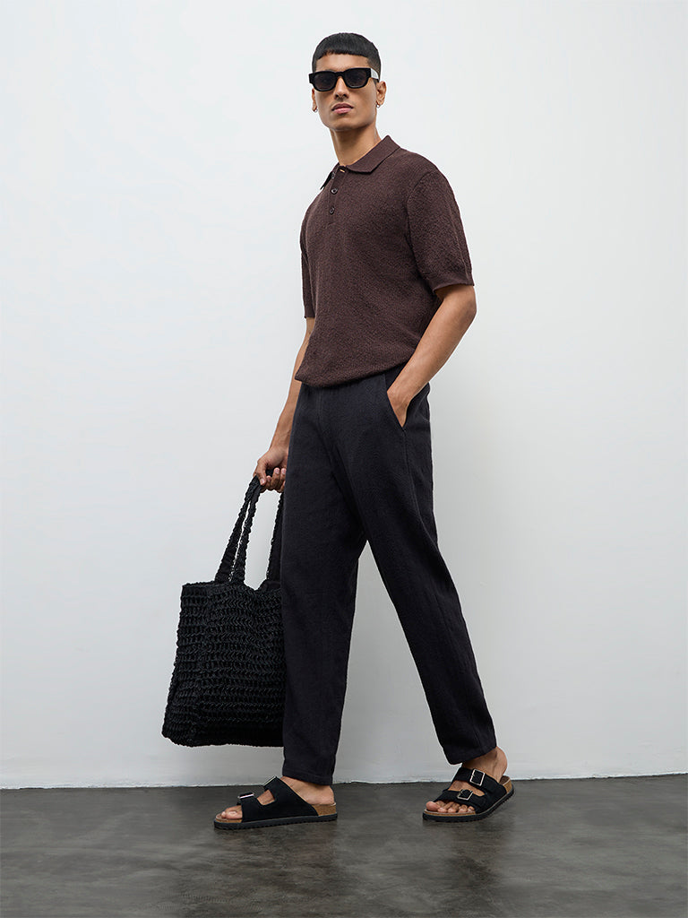 ETA Dark Brown Textured Relaxed-Fit Polo T-Shirt