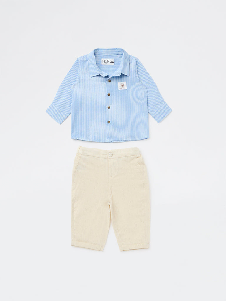 HOP Baby Boys Blue Striped Cotton Shirt and Pants Set
