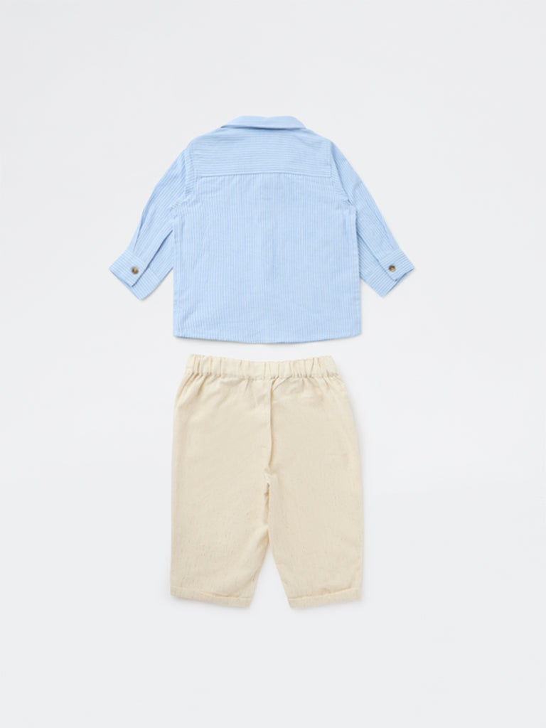 HOP Baby Boys Blue Striped Cotton Shirt and Pants Set