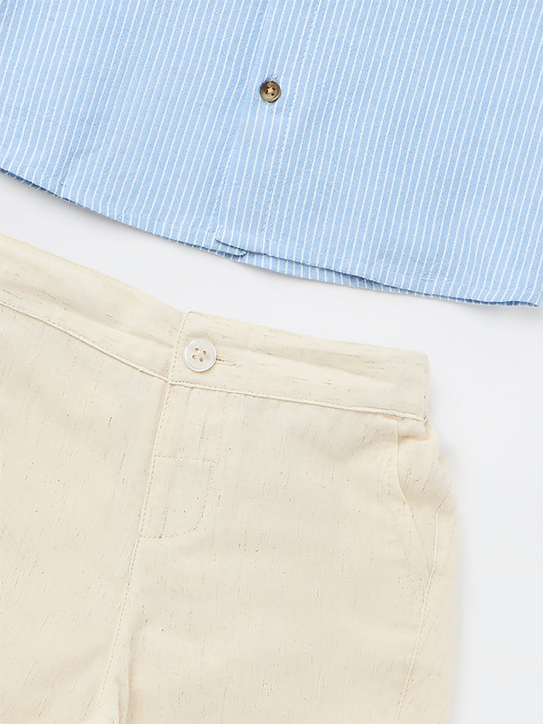 HOP Baby Boys Blue Striped Cotton Shirt and Pants Set