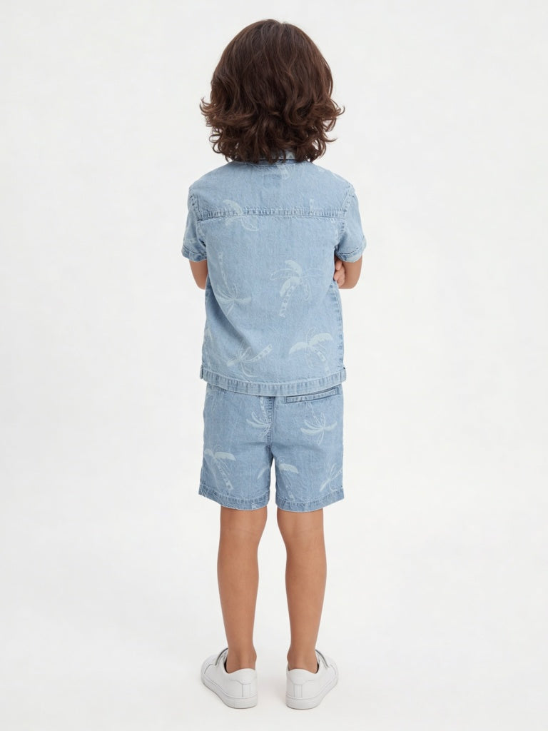 HOP Kids Boys Light Blue Printed Denim Shirt and Shorts Set