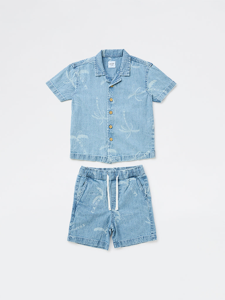 HOP Kids Boys Light Blue Printed Denim Shirt and Shorts Set