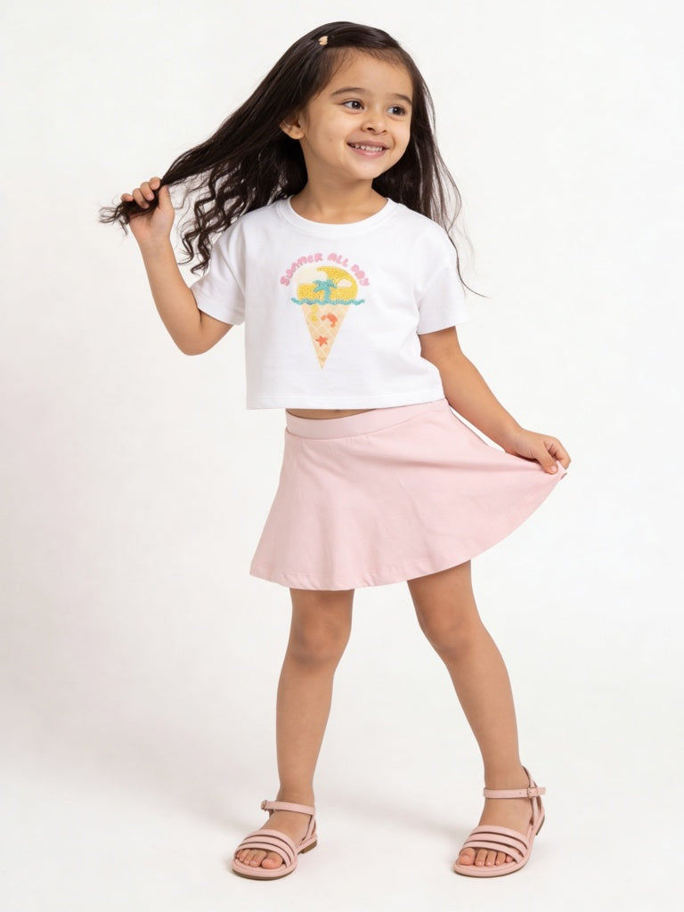 HOP Kids Girls White Embroidered Cotton T-Shirt and Skirt Set