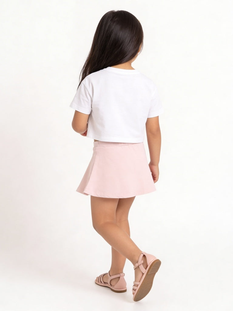 HOP Kids Girls White Embroidered Cotton T-Shirt and Skirt Set