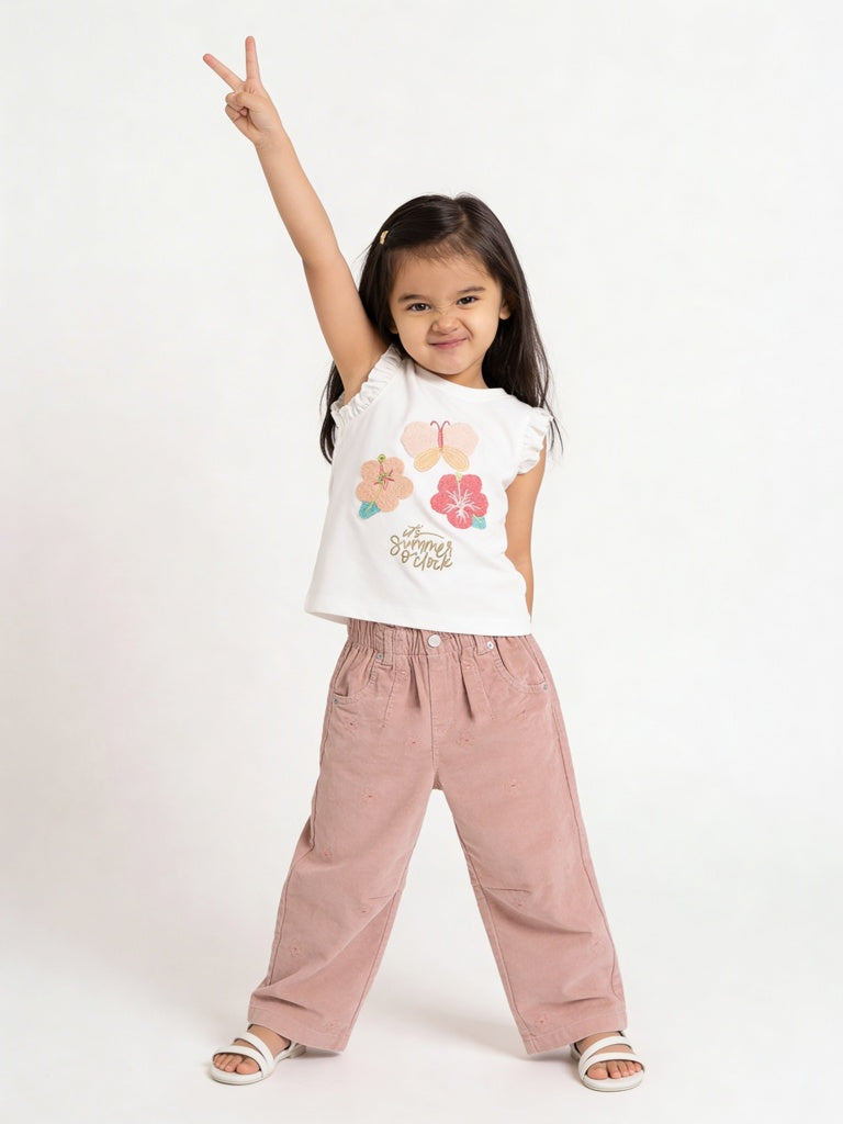 HOP Kids Girls Off White Embroidered Cotton Top
