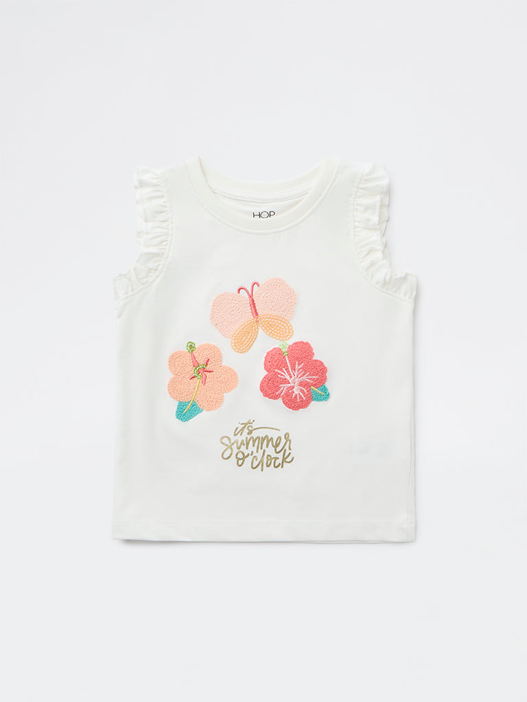HOP Kids Girls Off White Embroidered Cotton Top