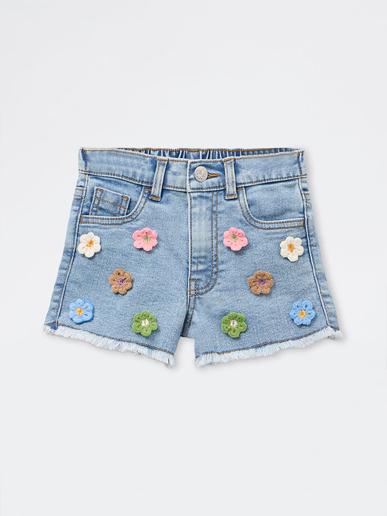 HOP Kids Girls Blue Floral High-Rise Denim Shorts