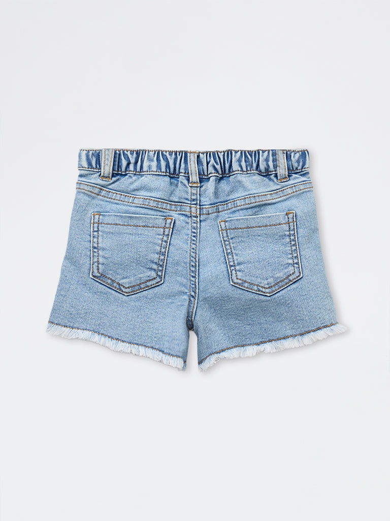 HOP Kids Girls Blue Floral High-Rise Denim Shorts