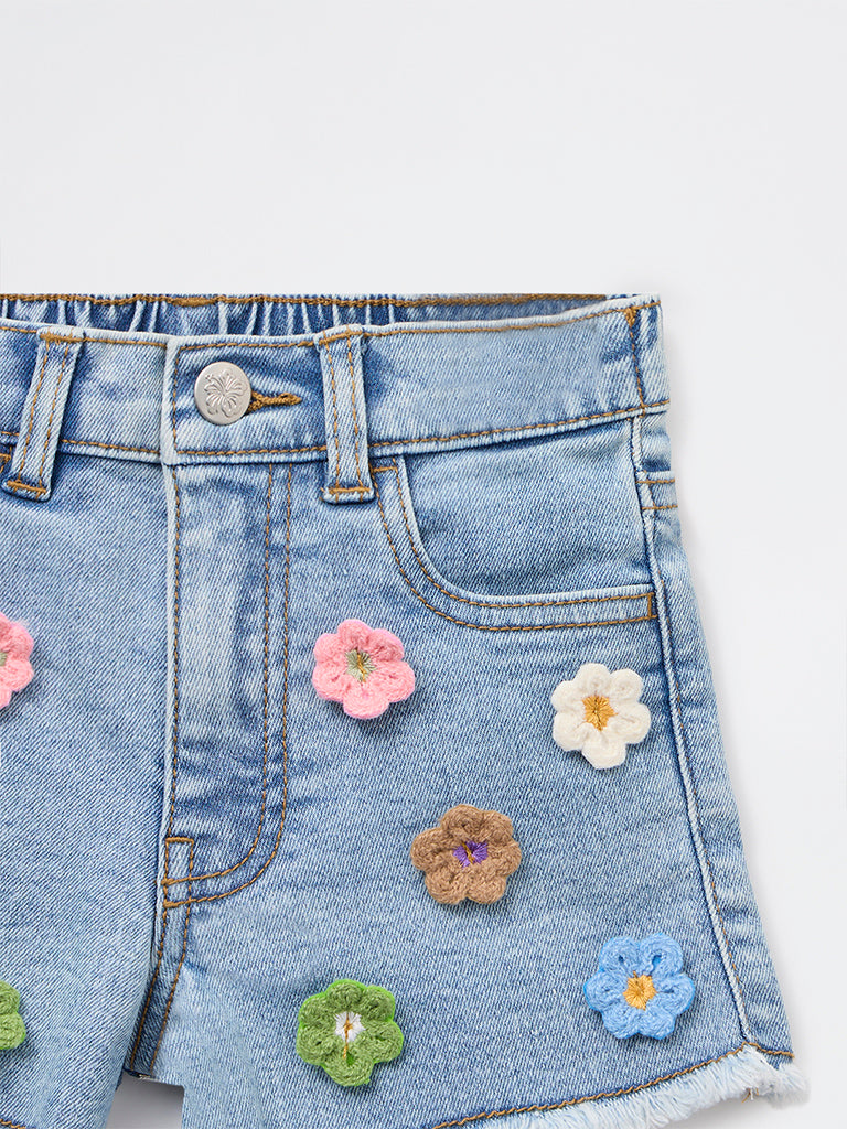 HOP Kids Girls Blue Floral High-Rise Denim Shorts