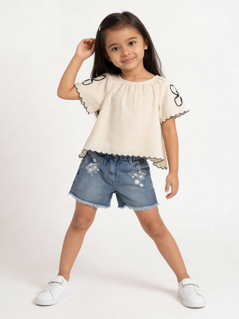 HOP Kids Girls Blue Embroidered High-Rise Denim Shorts