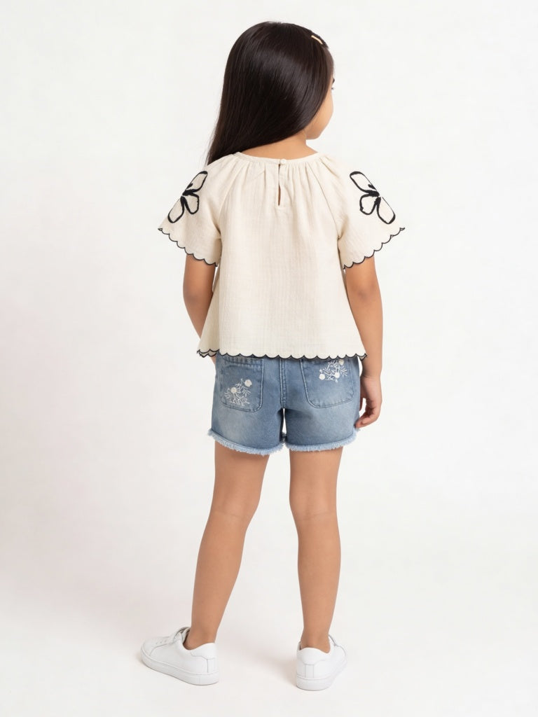 HOP Kids Girls Blue Embroidered High-Rise Denim Shorts