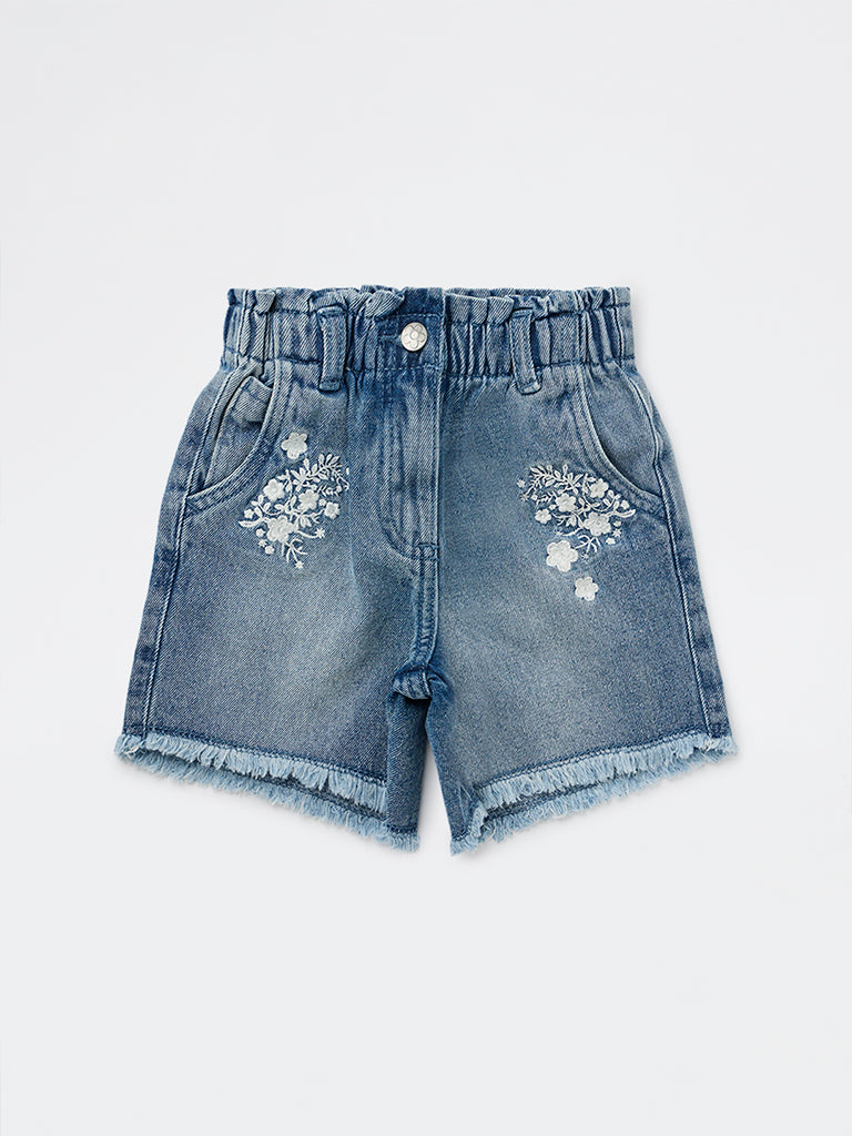 HOP Kids Girls Blue Embroidered High-Rise Denim Shorts