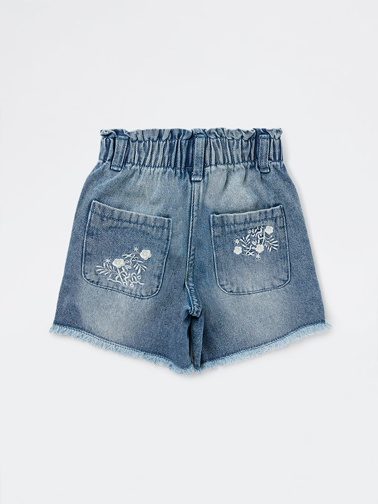 HOP Kids Girls Blue Embroidered High-Rise Denim Shorts