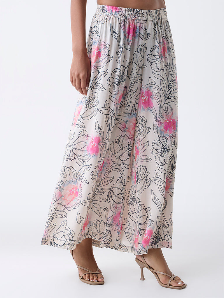 Zuba Off-White Floral Pattern Pants