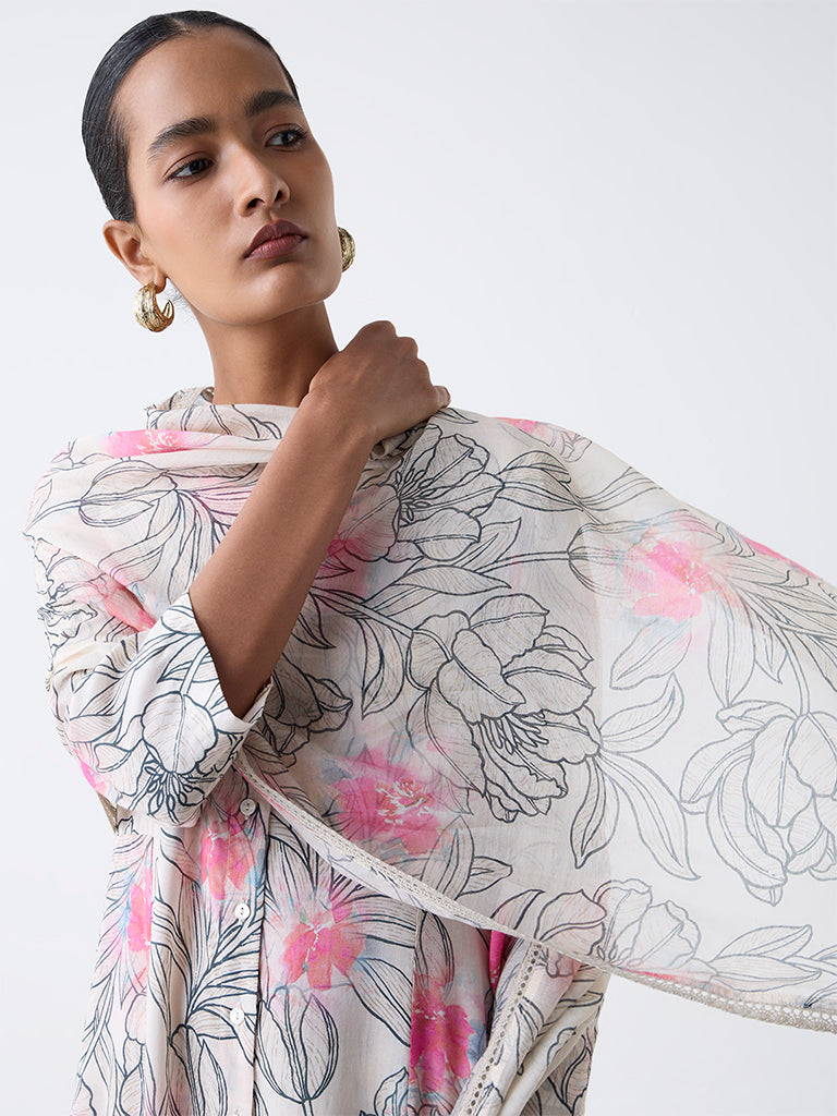 Zuba Off-White Floral Pattern Dupatta
