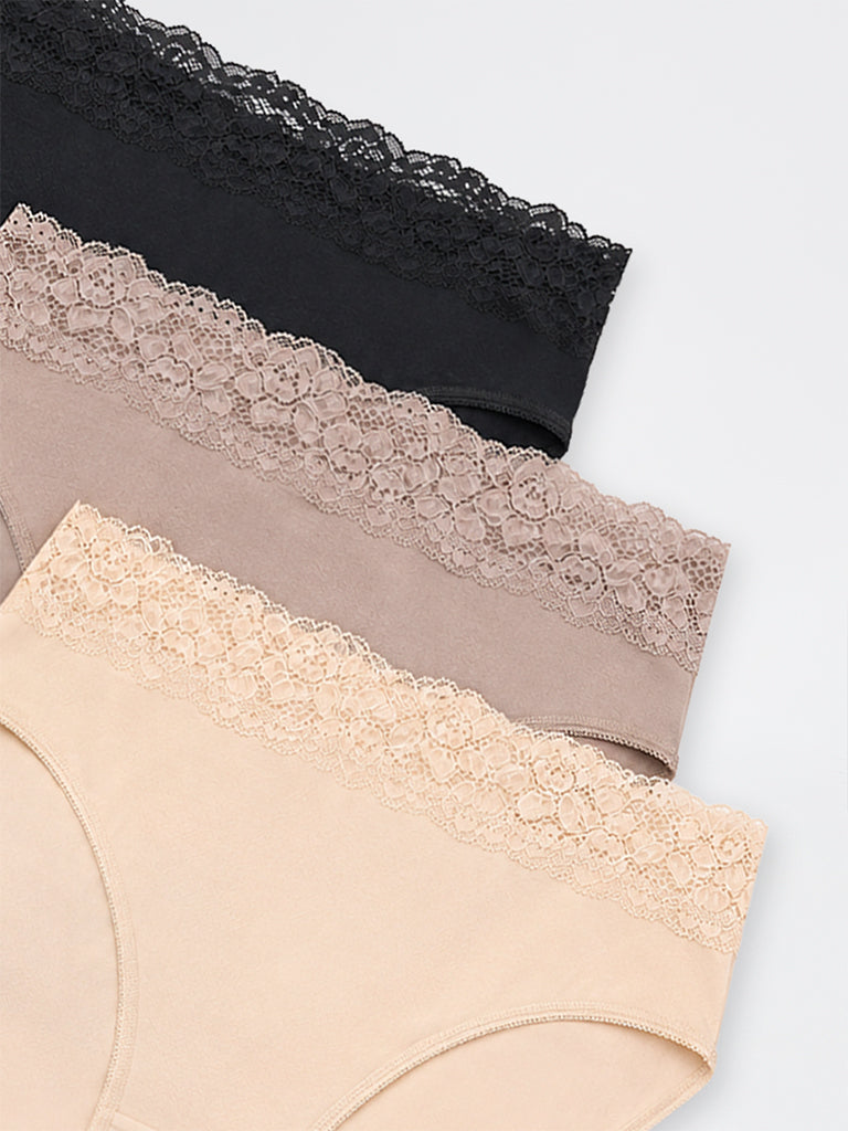 Wunderlove 3-Pack Lace-Detail Hi-Leg Cotton-Blend Briefs