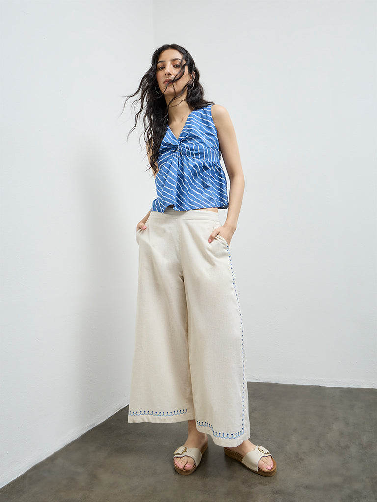 Bombay Paisley Off-White Embroidered Cotton-Blend Palazzos