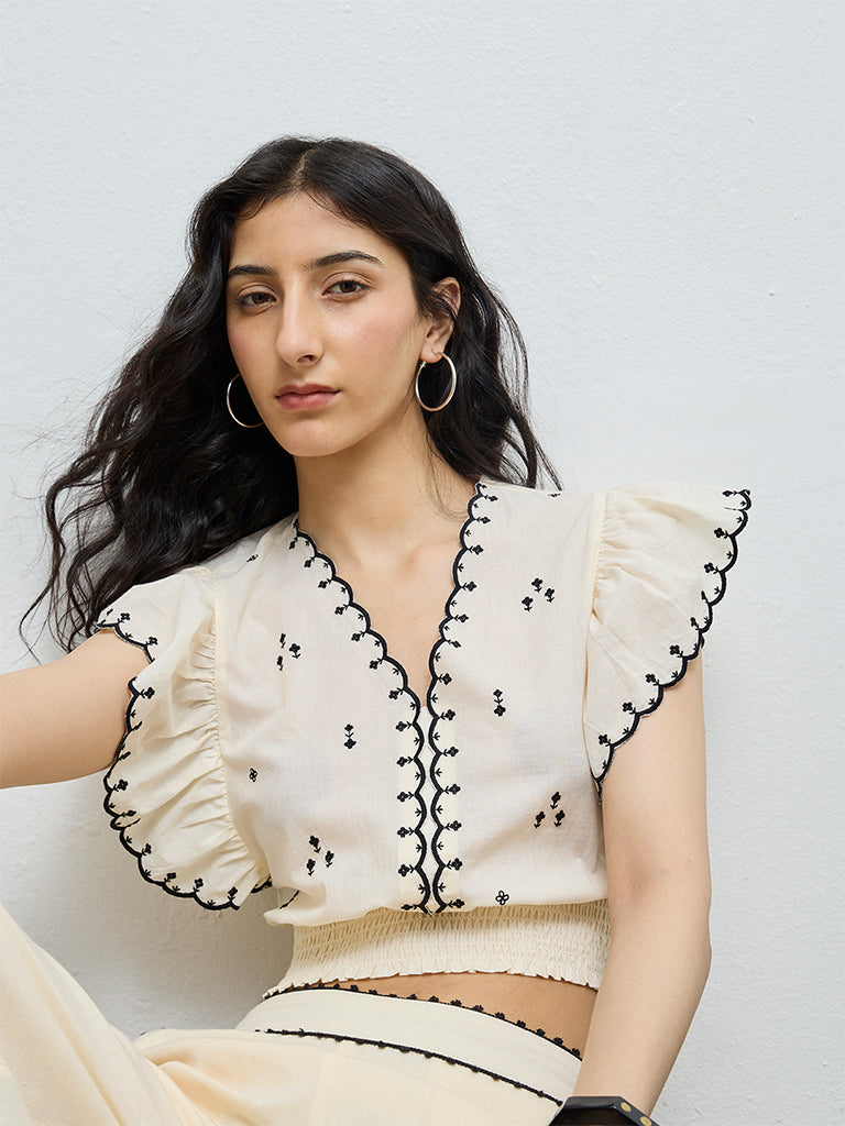 Bombay Paisley Cream Embroidered Cotton-Blend Top