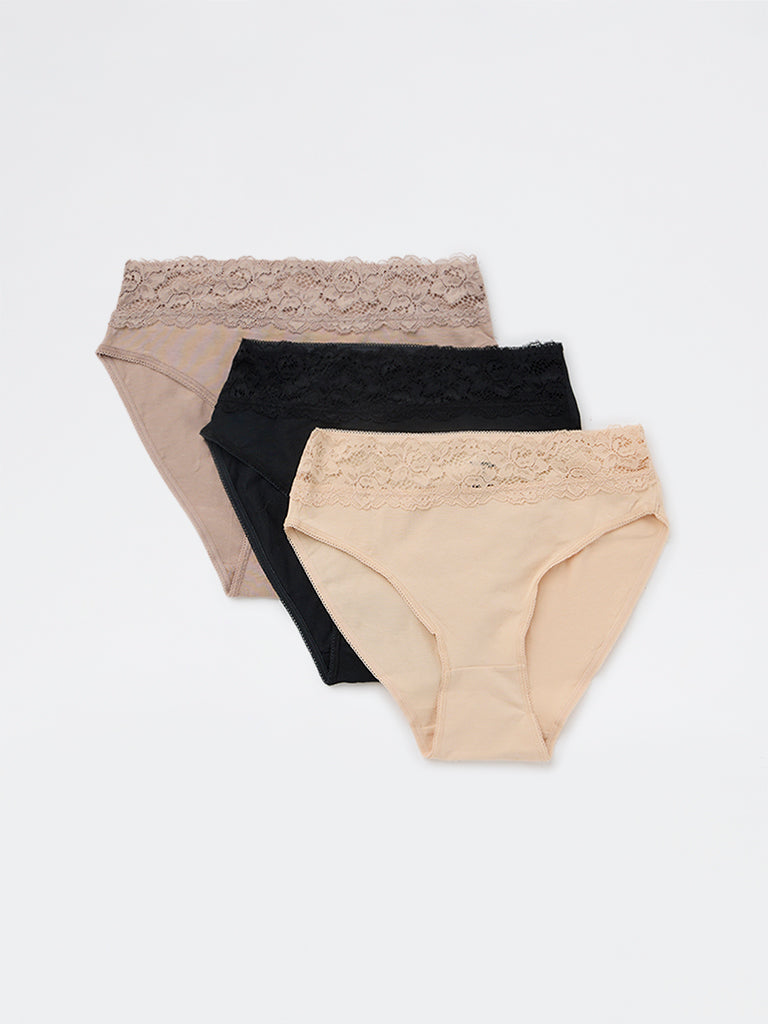 Wunderlove 3-Pack Lace Detailed Hi-Leg Cotton-Blend Briefs