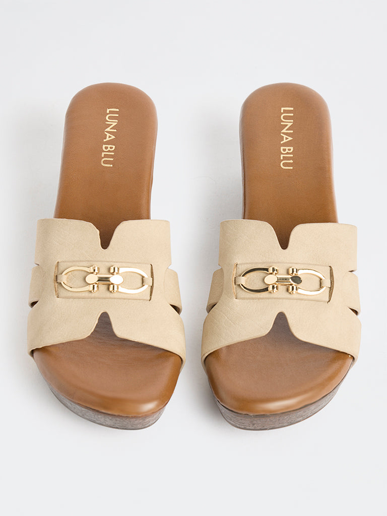 LUNA BLU Taupe Buckle-Detailed Platform-Heel Sandals