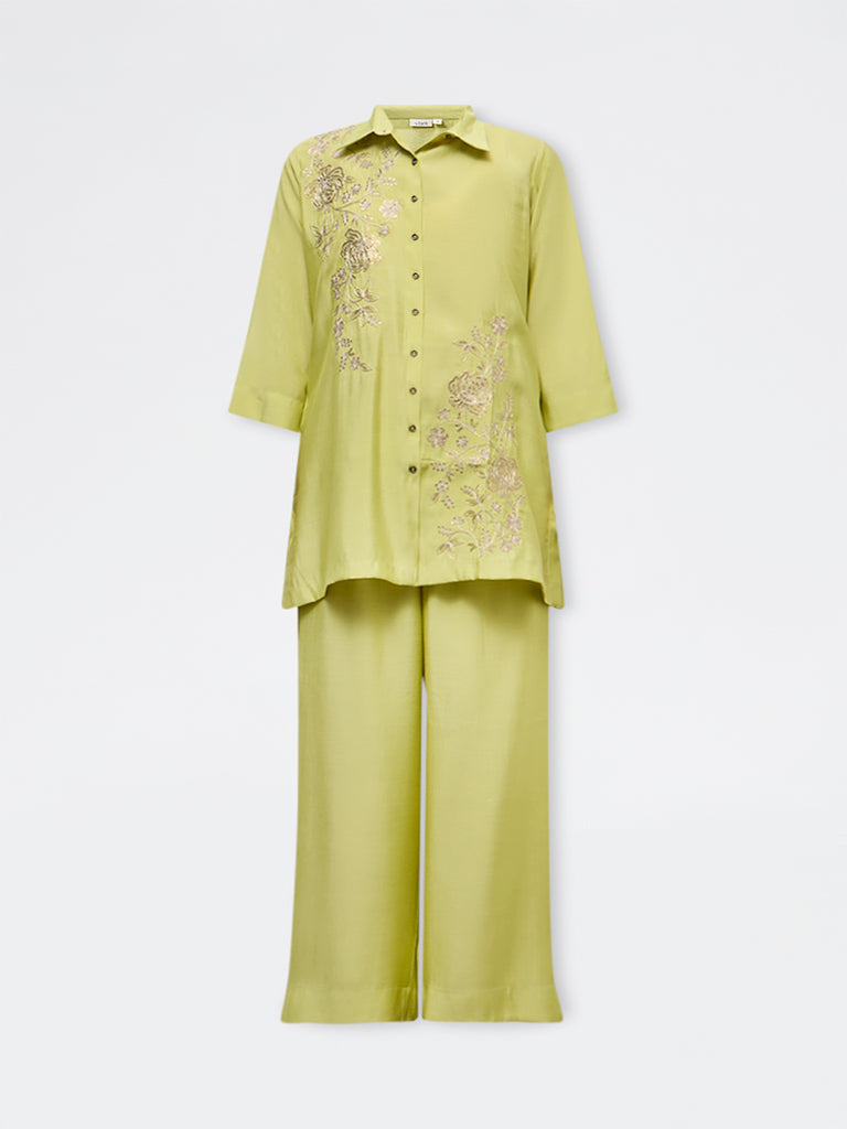 Vark Lime Floral Embroidered Straight Ethnic Set