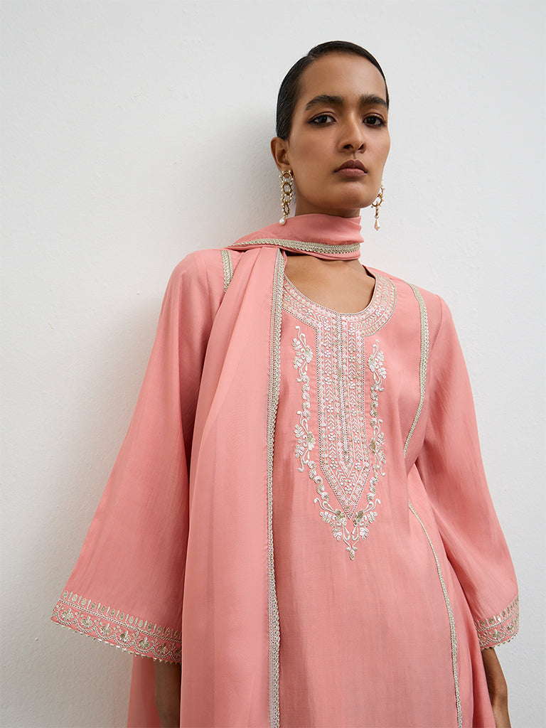 Vark Peach Floral Printed A-Line Ethnic Set