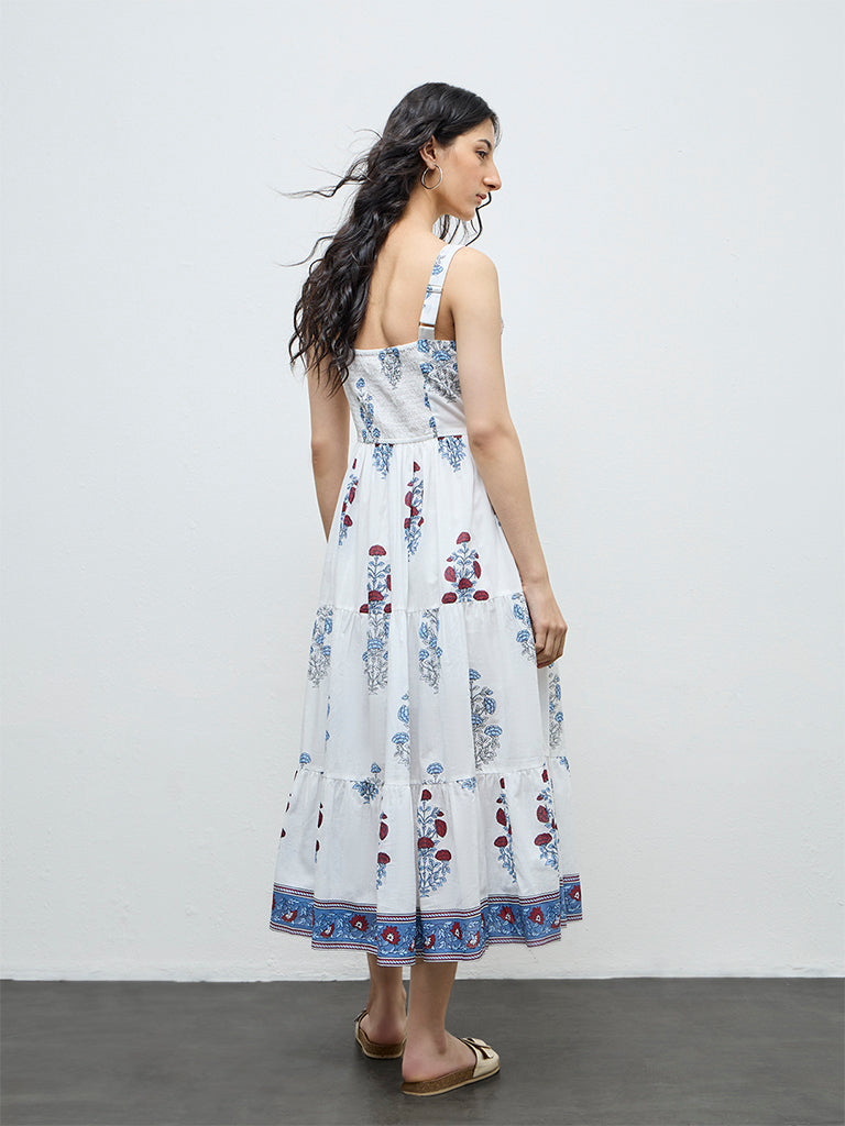 Bombay Paisley White Floral Cotton Tiered Dress