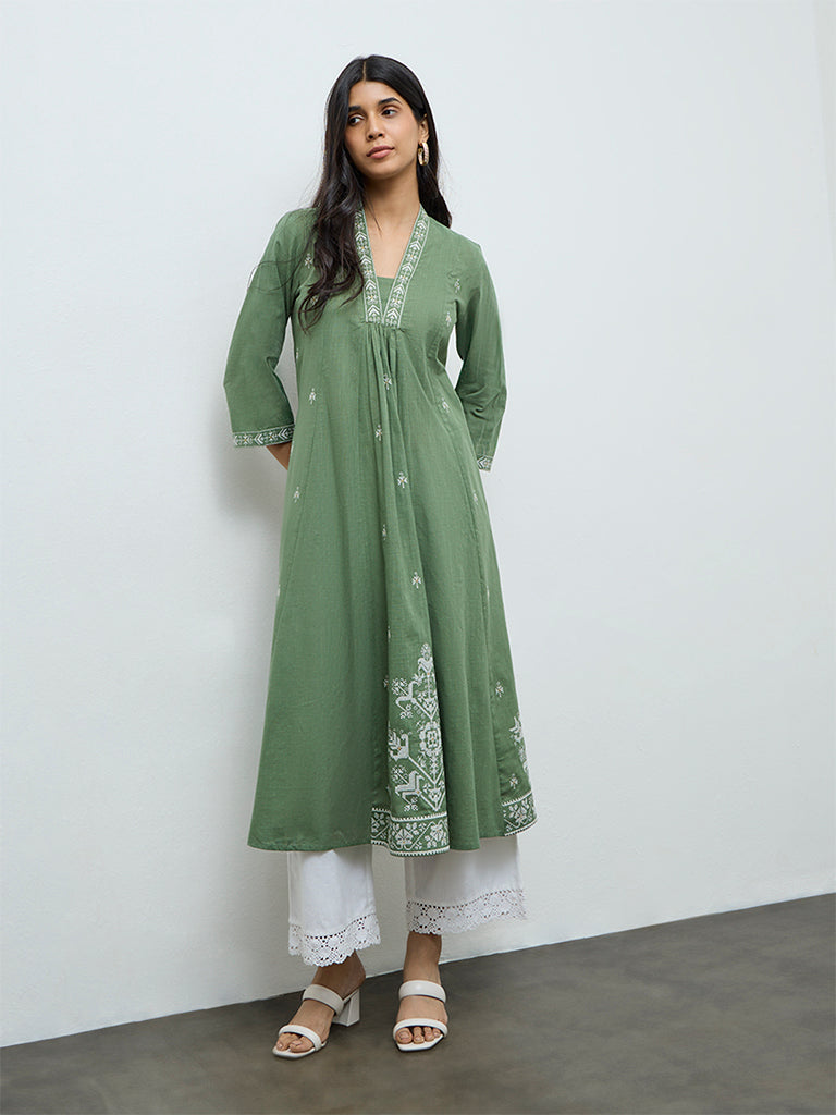 Utsa Green Embroidered Anarkali Cotton Kurta