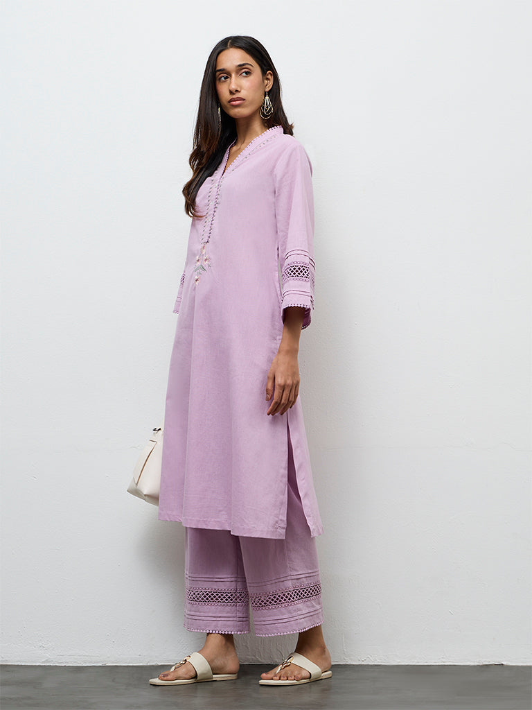 Utsa Lilac Embroidered Cotton-Blend A-Line Kurta