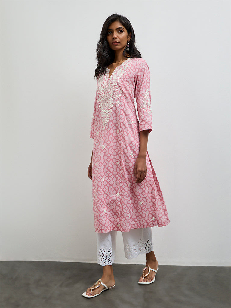 Utsa Pink Printed Cotton-Blend A-Line Kurta