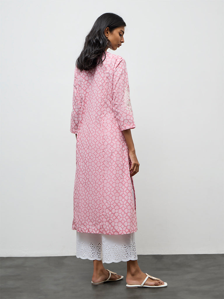 Utsa Pink Printed Cotton-Blend A-Line Kurta