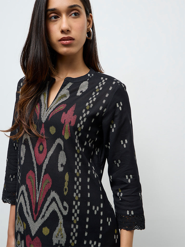 Utsa Black Ikkat Design Cotton-Blend A-Line Kurta