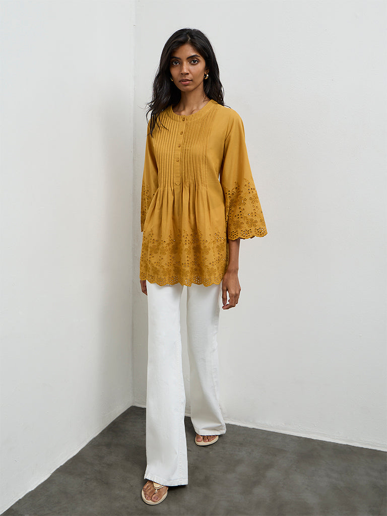 Utsa Mustard Schiffli Embroidered Cotton Tunic