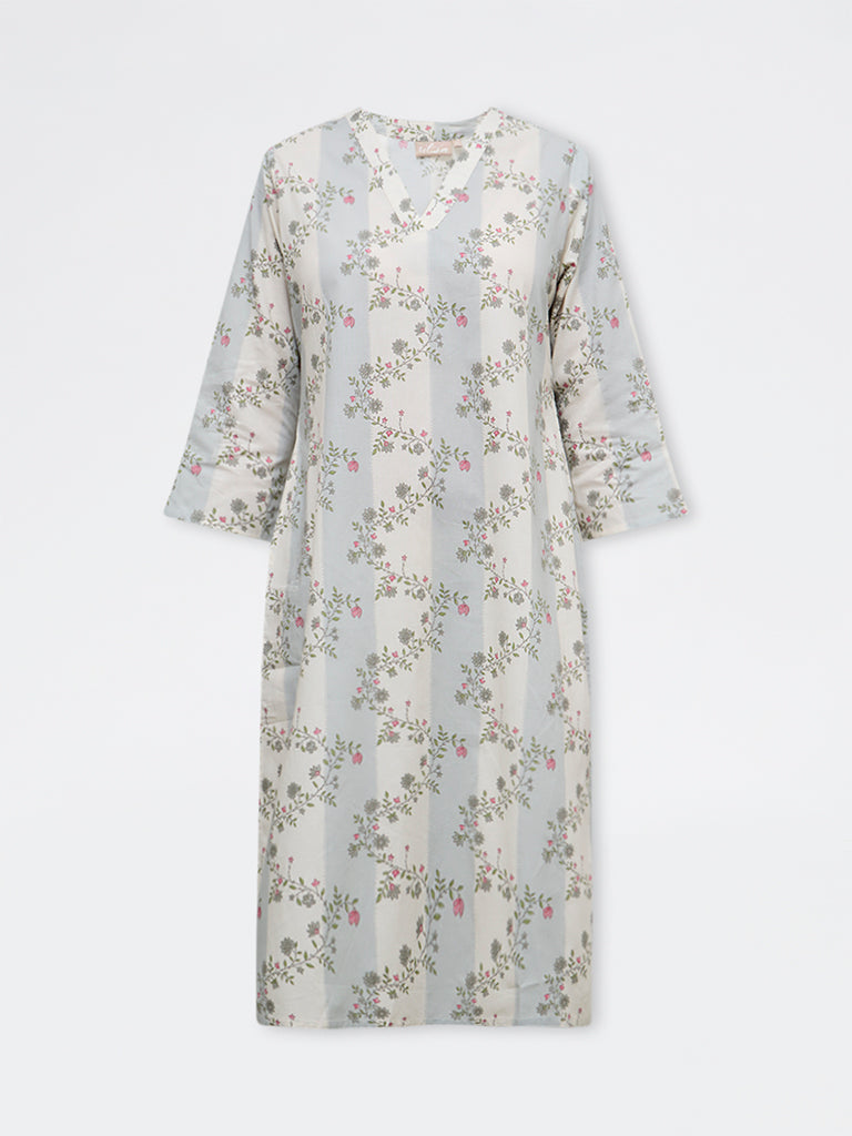 Utsa Grey Floral Printed Cotton Straight Kurta