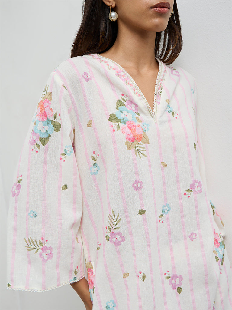 Utsa Off-White Printed Straight Cotton-Blend Kurti