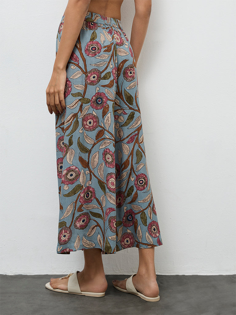 Utsa Dusty Blue Foliage Pattern Palazzos