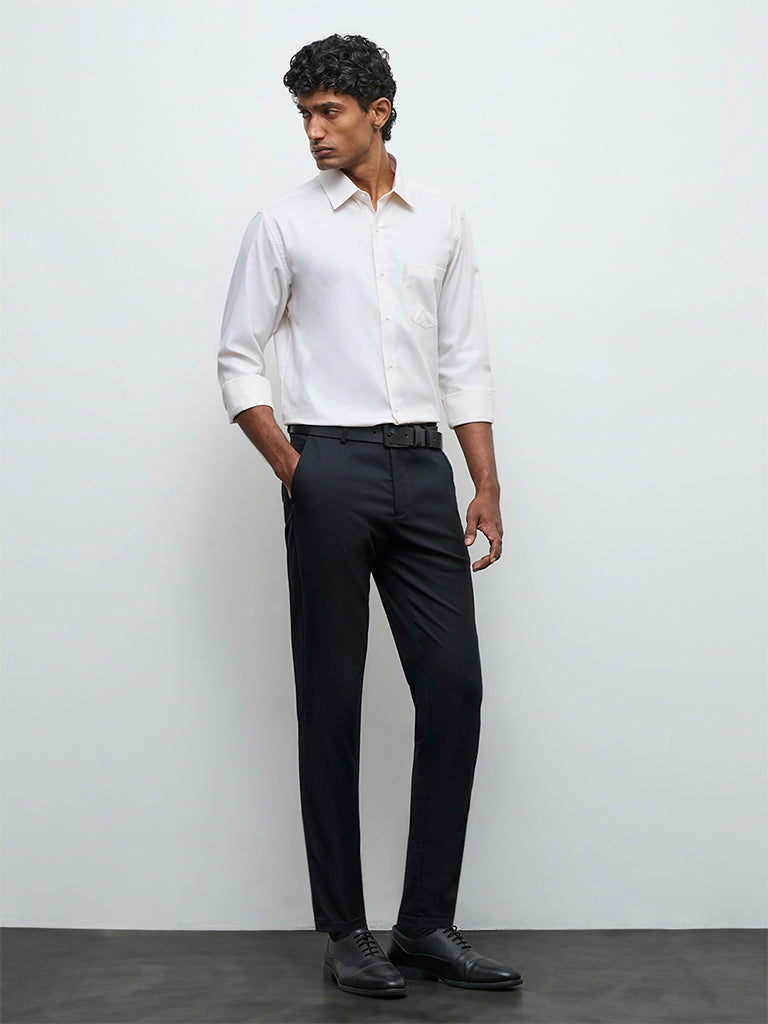 WES Formals Black Slim-Fit Mid-Rise Trousers