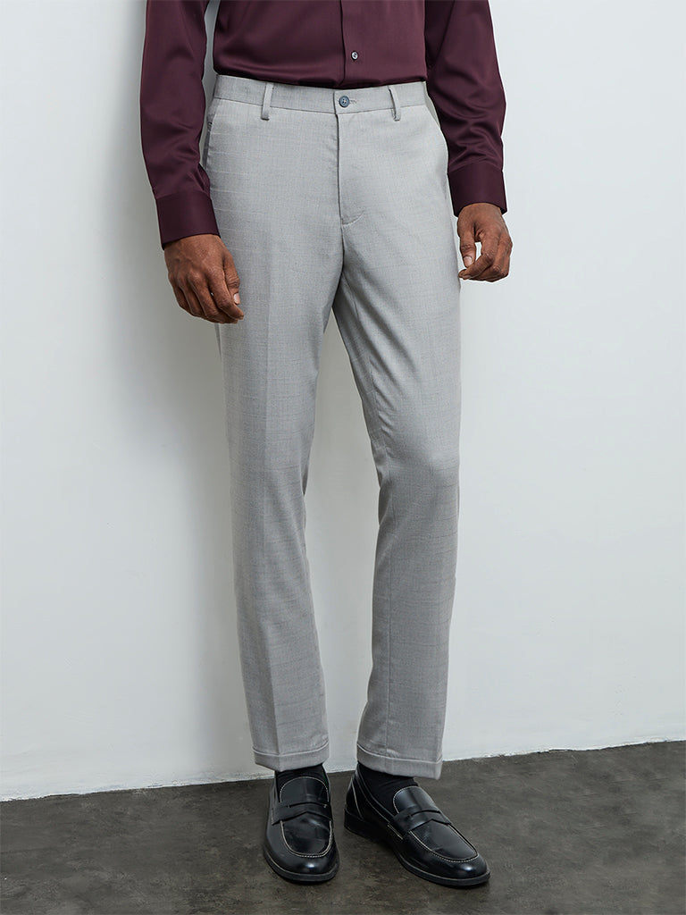 WES Formals Grey Slim-Fit Mid-Rise Trousers