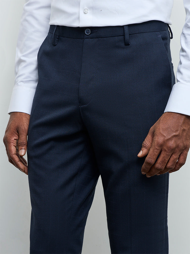 WES Formals Navy Slim-Fit Mid-Rise Trousers