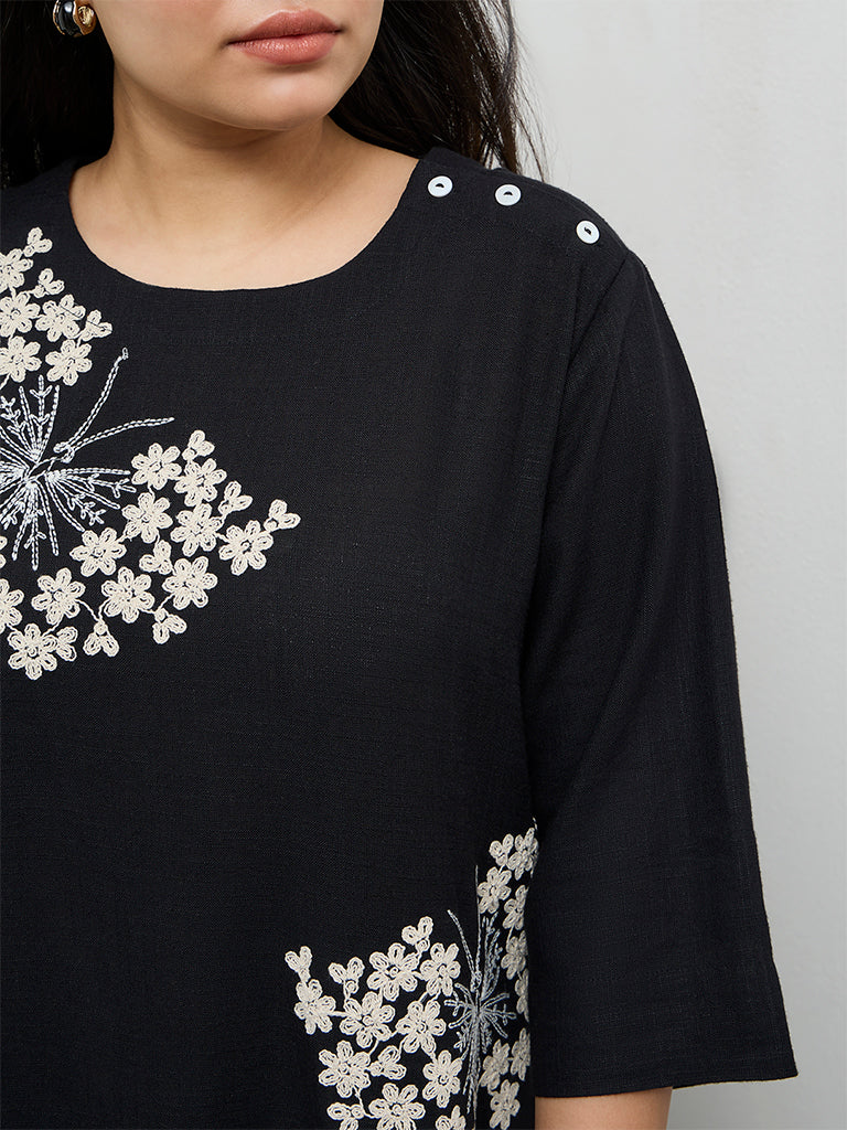 Diza Black Floral Embroidered High-Low Tunic