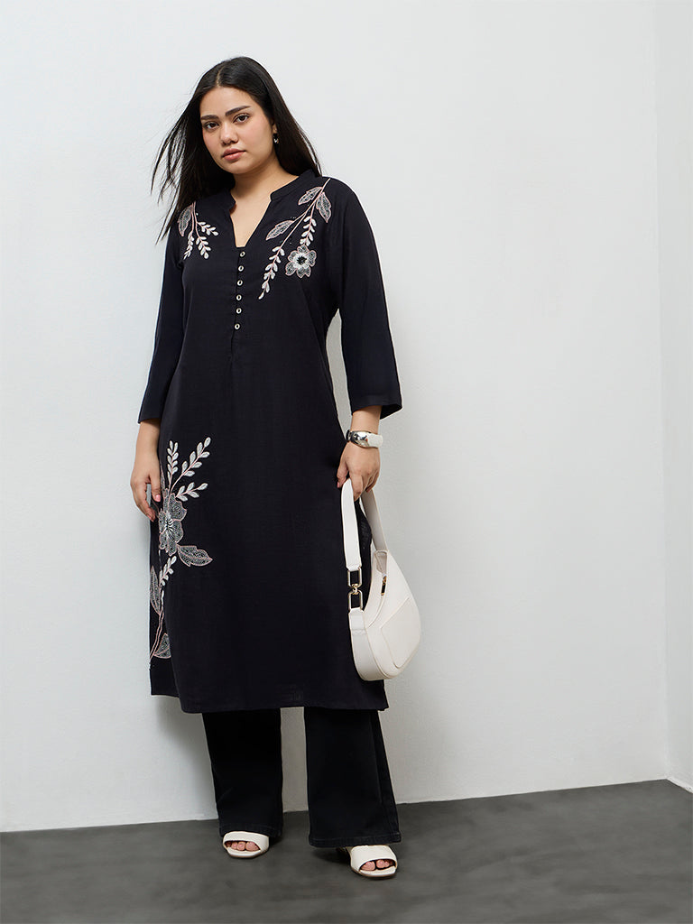 Diza Black Floral Embroidered A-Line Kurta